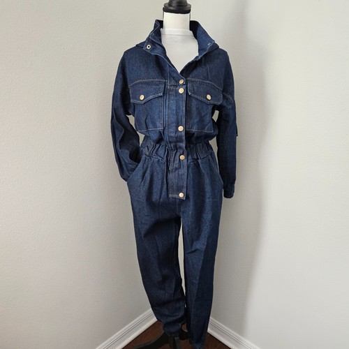 VTG '90s Denim Hooded Jumpsuit Coverall Snaps Pockets Slouchy Dark Wash sz M NWT - Picture 3 of 15