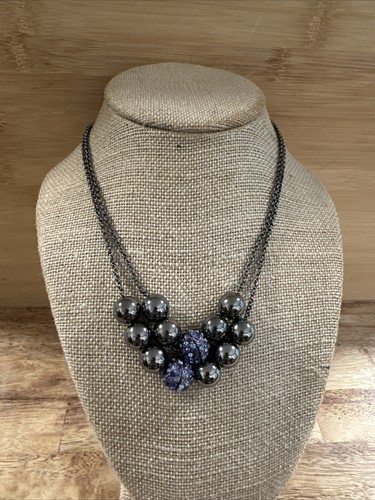 LC Liz Claiborne Double Silver Tone Round Beaded Necklace Purple Rhinestone 16” - Picture 4 of 8