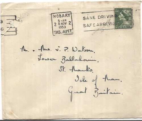 AUSTRALIA 1953 DRIVING SLOGAN CANCEL ON HOBART COVER TO GB REF 500