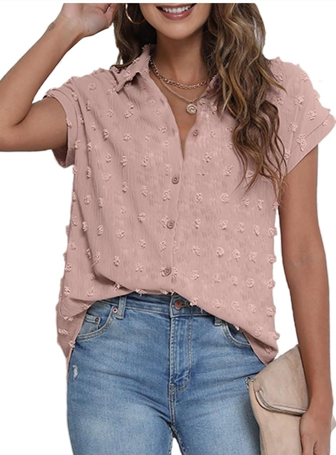 BOTHENIAL Women Button Down Shirt Pink Chiffon Blouse Short Sleeve Casual XL