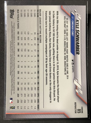 2020 TOPPS CHROME KYLE SCHWARBER PINK REFRACTOR #85 PHILADELPHIA PHILLIES/ CUBS - Picture 2 of 2