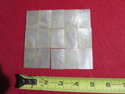 15 pieces VINTAGE ENGRAVED ORIENTAL ART ON SLAB OF MOTHER OF PEARL - 1'' x 1.5''