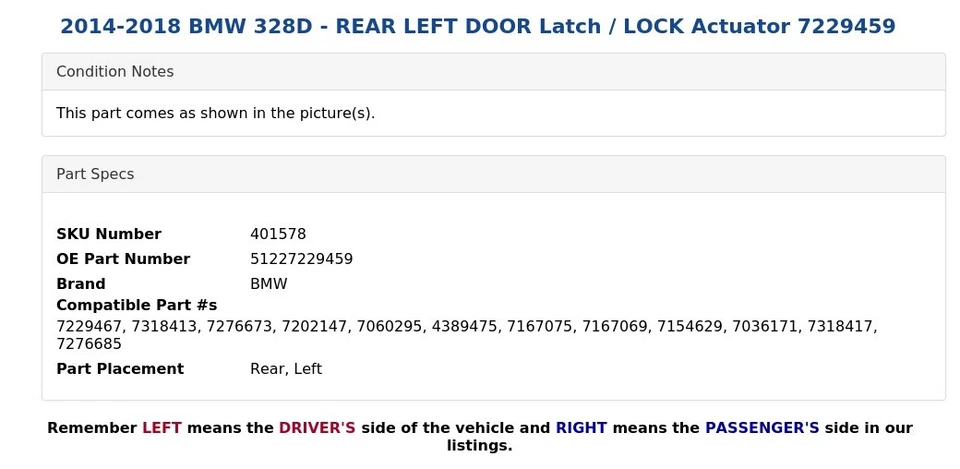 2014-2018 BMW 328D — защелка задней левой двери / привод замка 7229459 - Изображение 4 из 4