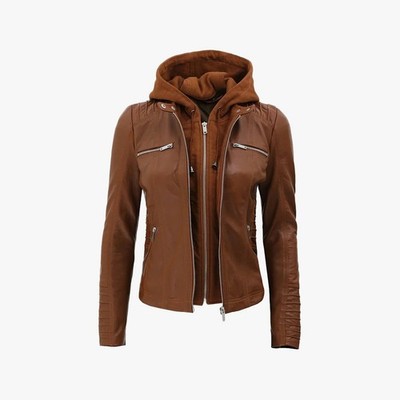 Women's Cognac Brown Leather Jacket With Removable Hood
