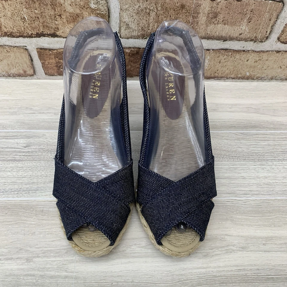 Lauren Ralph Lauren Camara Espadrille Wedge Sandals Heels Womens 7B Blue Denim - Image 2 of 4