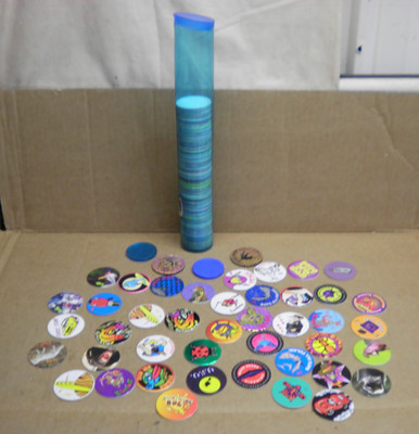 Vintage 90's Pog Lot with Blue Tube and Approx 200 Pogs/Milk Caps and 4 Slammers