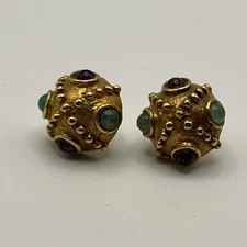Etruscan Revival Semiprecious Cabochon Stones Sputnik Goldtone Pierced Earrings