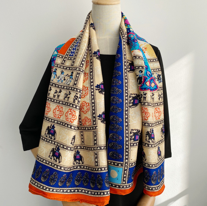 100%Silk Mulberry Wrap Shawl Square elephant Print Bandanna Scarf 135X135cm new