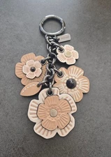 COACH Tea Rose Beige Leather Keyring Keychain Bag Charm Flower Petals