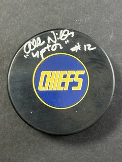 Allan Nicholls Slap Shot Signed " Upton " Chiefs Hockey Puck AUTO JSA COA