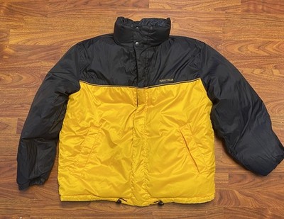 Nautica Reversible Sailing Down Filled Puffer Jacket Mens Large Yellow Blue Hood