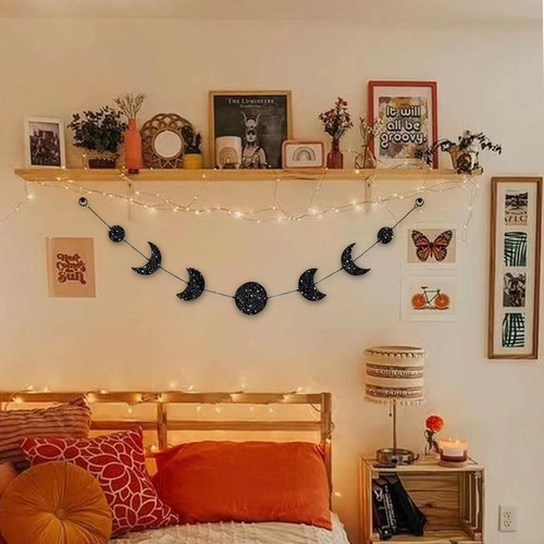 Moon Phase Wall Hanging Boho Decor Garland Black and White Glitter - Bild 2 von 8