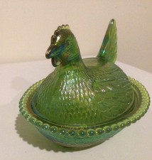Vintage Indiana Glass Lime Green Iridescent Carnival Glass Hen On Nest