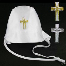 Baby Toddler Boys White Christening Baptism Hat Gold Silver Embroidered Cross