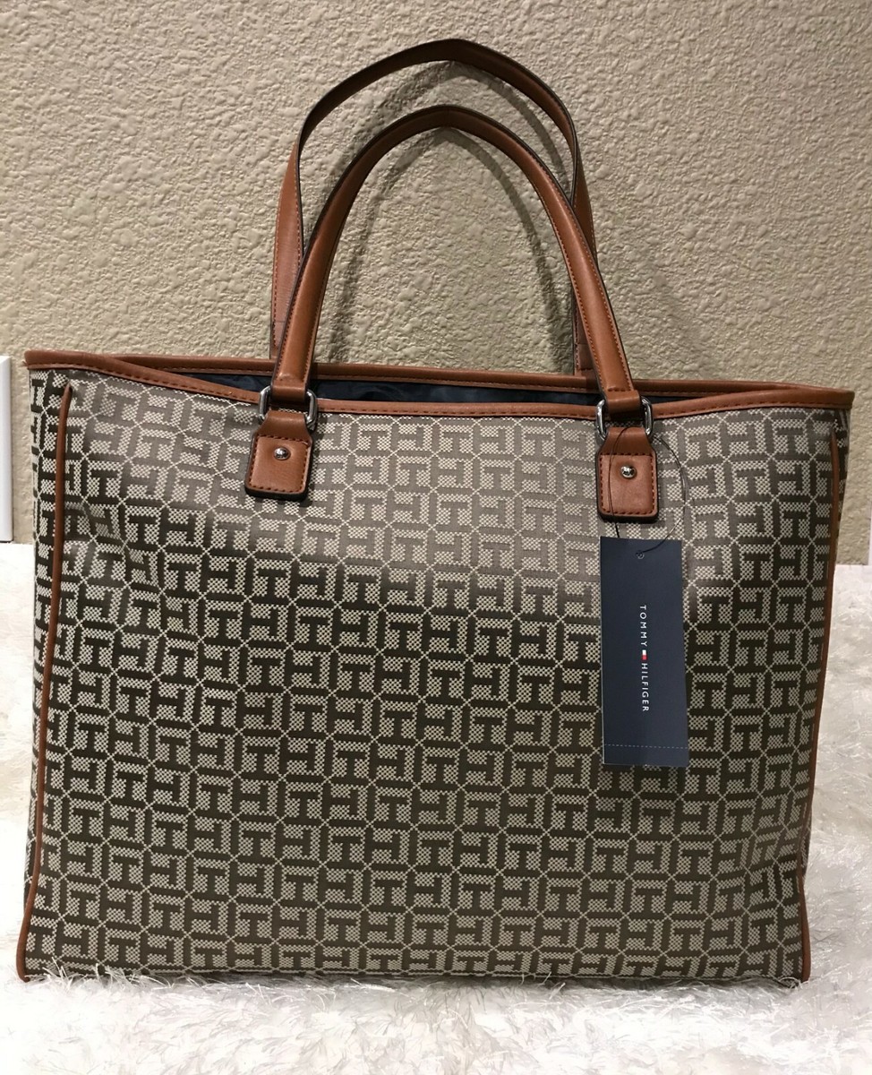 Tommy Hilfiger Large Tote Bag Brown Handbag Monogram MSRP $108 NWT