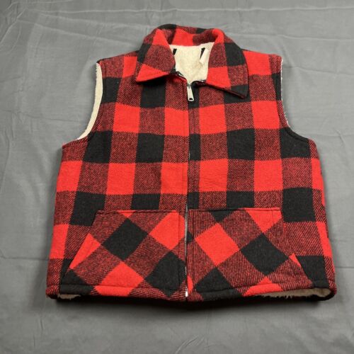 Vintage 1980s Plaid Vest Sherpa Lined Small Red B… - image 1