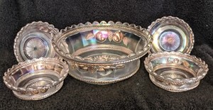 Northwood White Carnival 5pc Berry Set in Peach/Gold Trim 1910c.             (A)