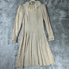 Vtg 80s Richard Warren Victorian Style Dress Sz 8 High Lace Neckline Ruffle Cuff