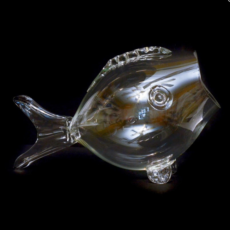 Blown Art Glass Open Mouth Fish Vase Bowl Terrarium Clear Glass Vintage