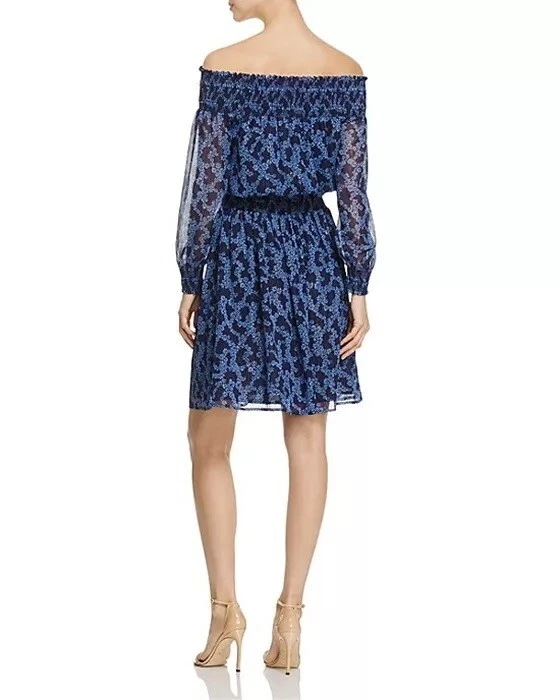 Abito Michael Kors Arbor floreale smocked spalle scoperte mirtillo medio #2957