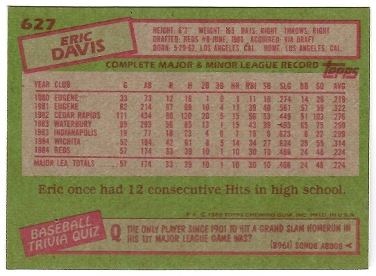 1985 Topps Eric Davis # 627 Cincinnati Reds | eBay