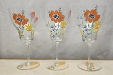 3 Vintage 1980s Pier 1 Spring Floral Painted Wine Glass Stemware 7 3/4" 