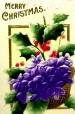 AMB Merry Christmas Raised Purple Violets Flowers Holly Basket Postcard (A28)
