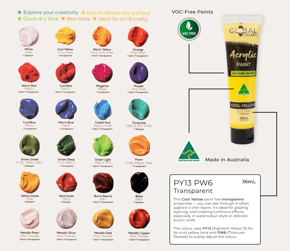 Juego de Pintura Acrílica GLOBAL COLORS - Tubos 24 x 36 ml - Calidad Artista, Impermeable Foto 2 de 4