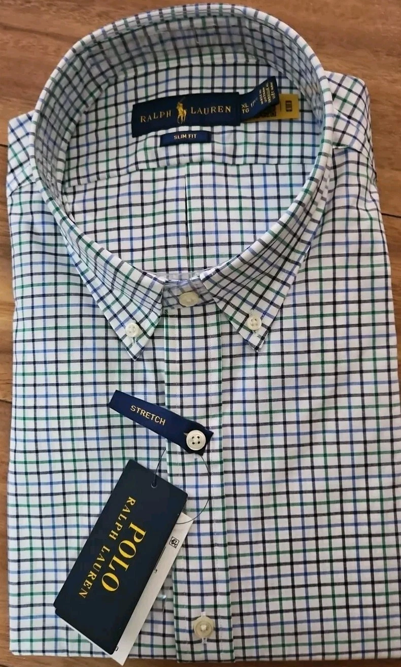 Polo Ralph Lauren Slim Fit Stretch Long Sleeve Dress Shirt Plaid Green Black XL