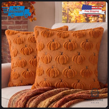 2 Pack 18x18 Inch Pumpkin Throw Pillow Covers - Rust Orange Faux Fur