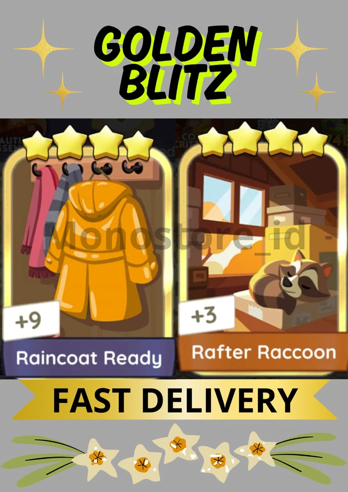 ✅MONOPOLY GO STICKER✅ GOLDEN BLITZ Raincoat ready &Rafter Raccoon FAST DELIVERY✅ - Image 2 of 3