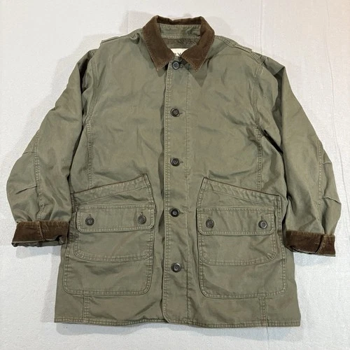 Orvis Chore Coat Barn Jacket Mens L Green Canvas Corduroy Collar Quilt Lined