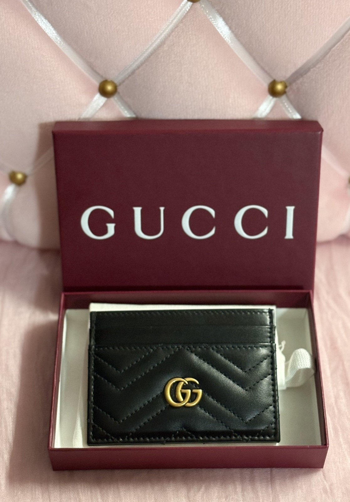 Gucci GG Marmont Chevron Quilted Leather Card Case Wallet In Black and Gold
