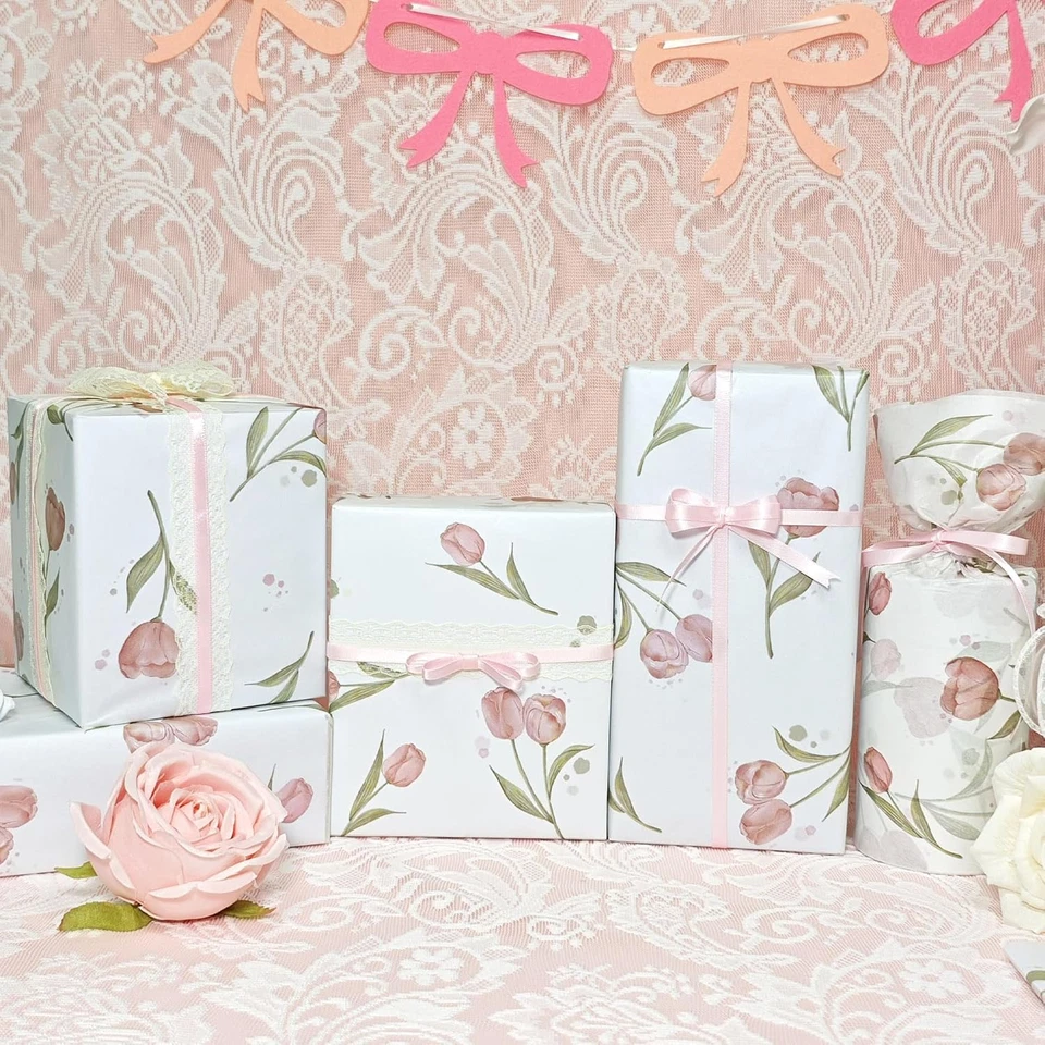 Floral Tissue Paper, White with Pink Tulip Flowers Pattern- 20"X30" 15 Sheets, E - Image 3 of 4