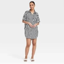 A New Day Navy Blue  White Stripe Button Down Shirt Mini Dress M