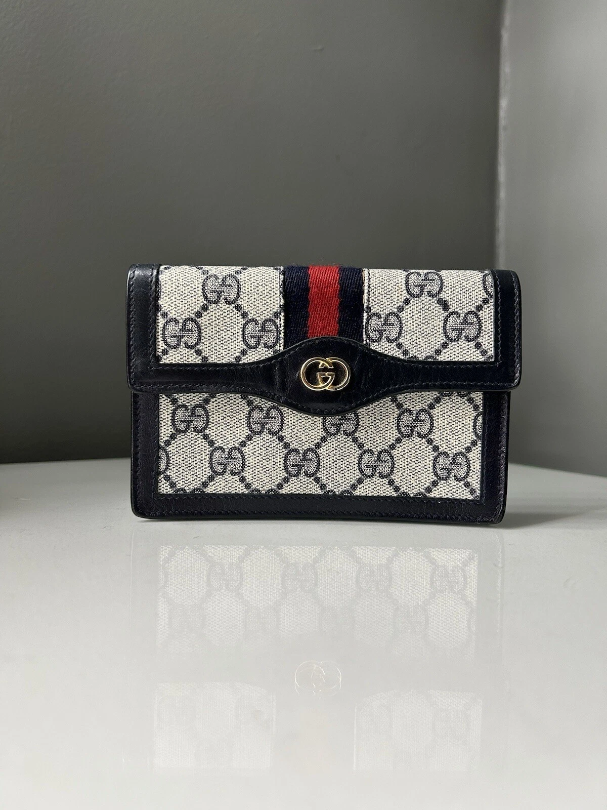 Pochette Gucci Web Navy linea Sherry GG rivestita in tela