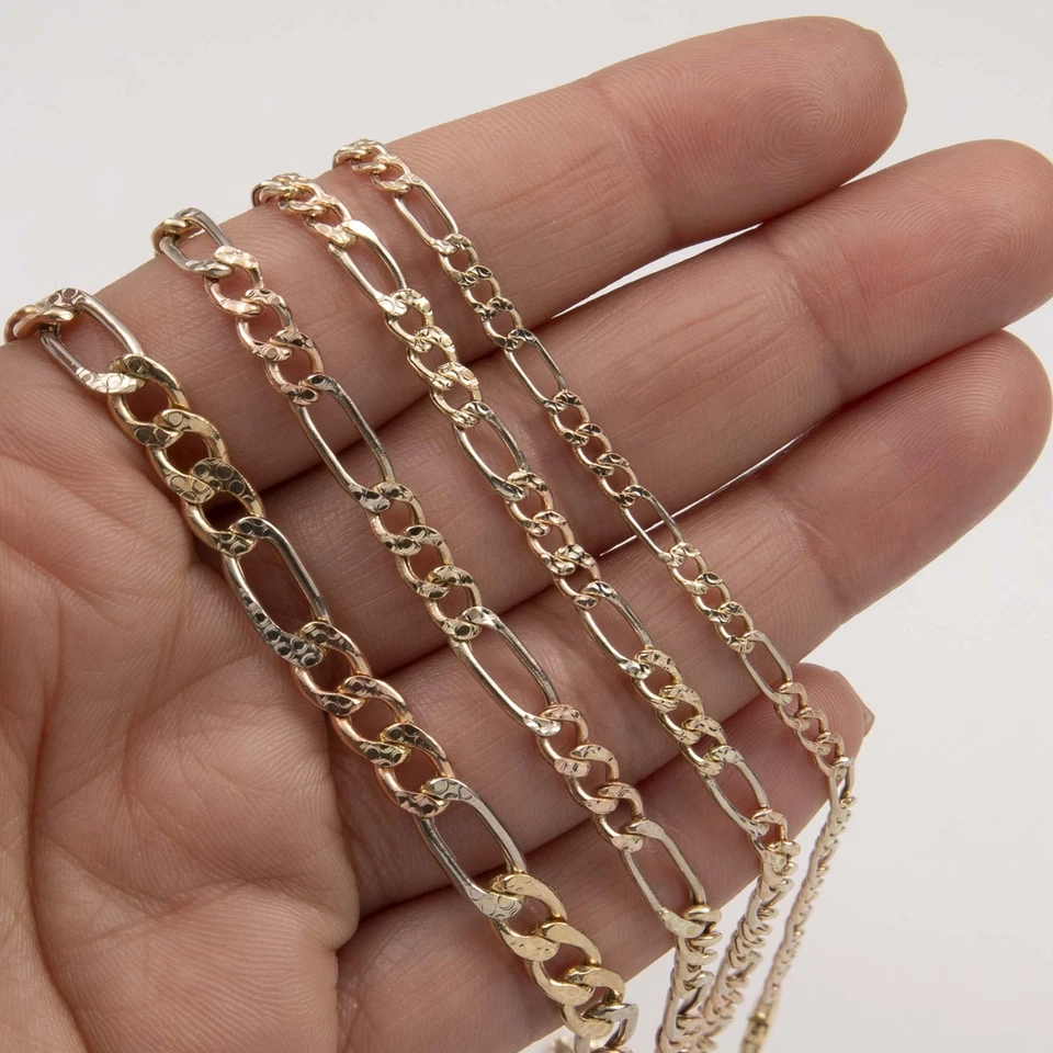 Collar de cadena de eslabones Figaro talla diamante oro amarillo blanco rosa de 10 quilates todos los tamaños Foto 3 de 4