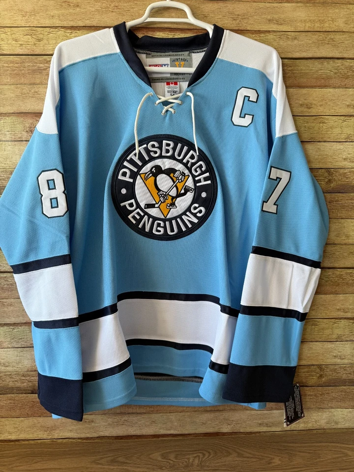 Camiseta deportiva Crosby Pittsburgh Penguins azul y blanca 1968-'71 retro CCM NHL (52) Foto 2 de 4