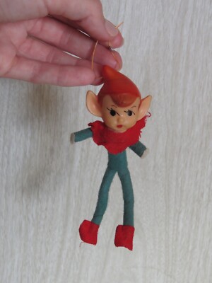 VTG Christmas Pixie Elf Red Green Wire Vinyl Head Christmas Ornament Japan READ