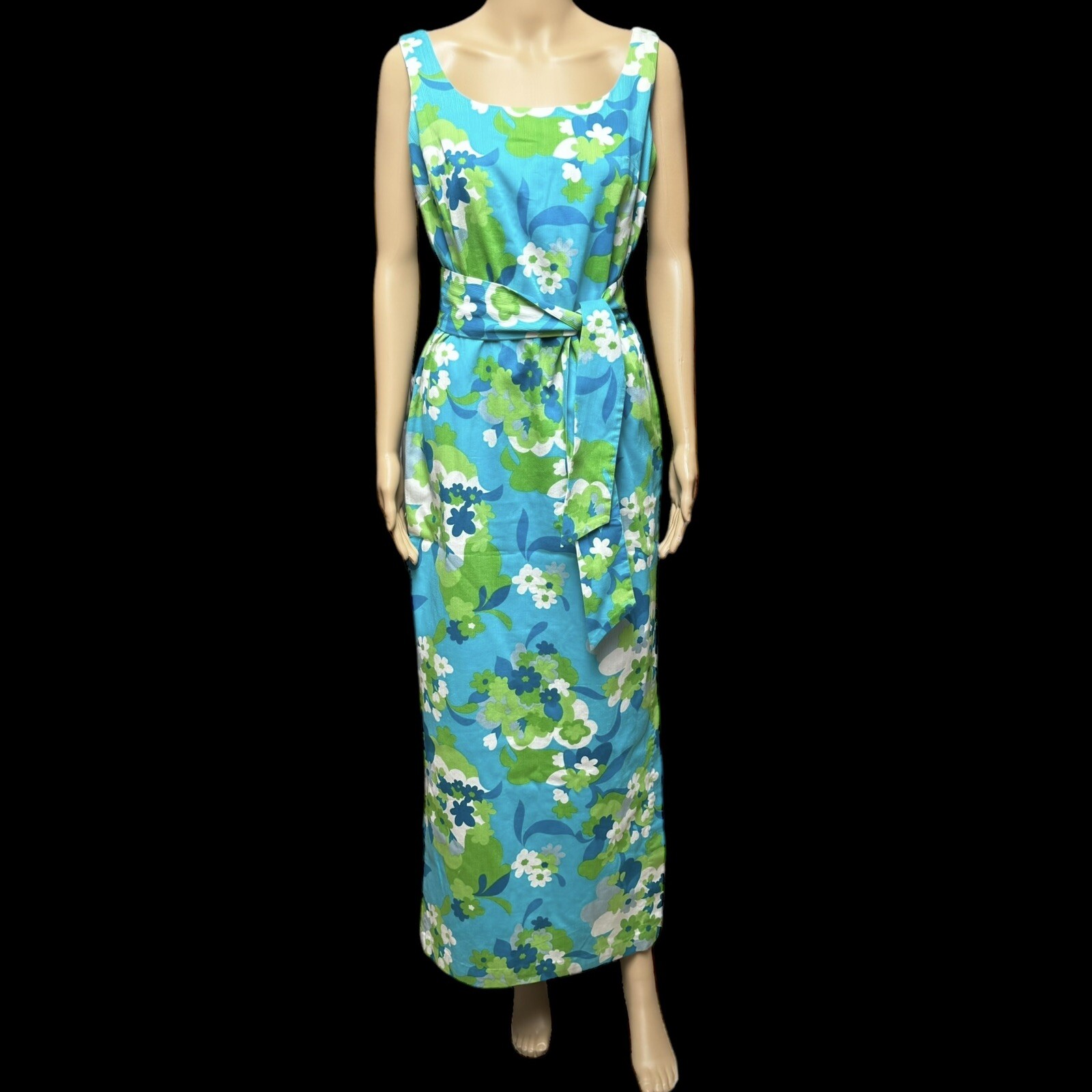 70s Kamehameha Hawaiian Maxi Dress Blue Tropical Flower Aloha Luau ...