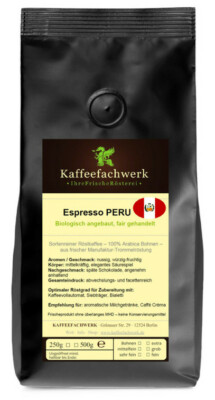 Espresso Peru aus Bio-Anbau frisch geröstet    Espressobohnen aus der Manufaktur