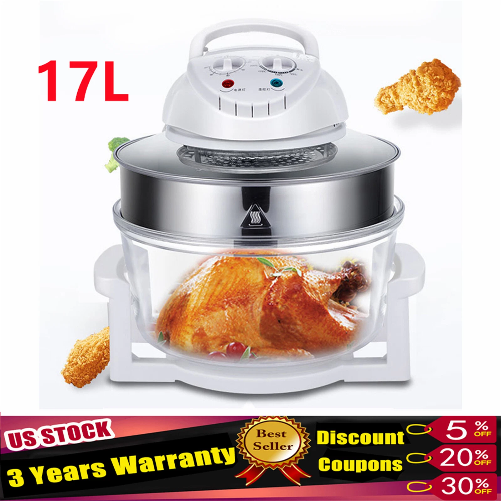 17L Air Fryer Glass Infrared Convection Oven Roaster Glass 360?? Heating Cooker