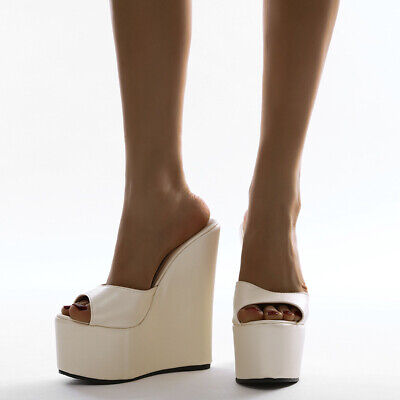 Womens Ladies Wedge Platform High Heel Slides Sandals Sanding Buckle Slippers Peep Toe Roman Slip on Dress Slippers 