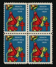1929 WX50 Ringing Bell/Health Block of 4 US Christmas Holiday Seals/Stamps MNH