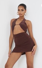 Pretty Little Thing Chocolate Recycled Slinky Halterneck Bust Detail Dress 16 Uk