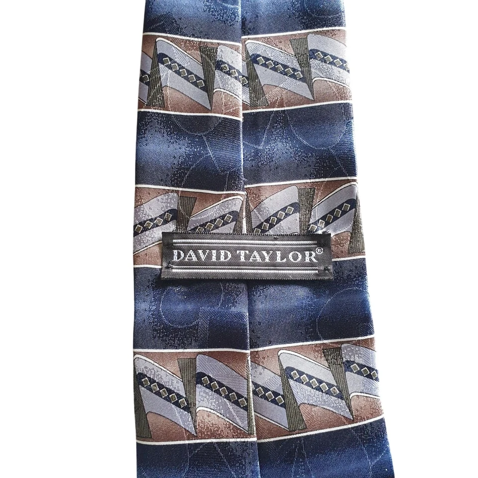 David Taylor Mens Geometric Patterned Tie In Blue & Brown - Image 4 of 4
