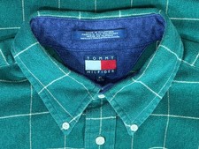 Vintage Tommy Hilfiger XL Green Windowpane Button Down Shirt Cotton Pocket Men