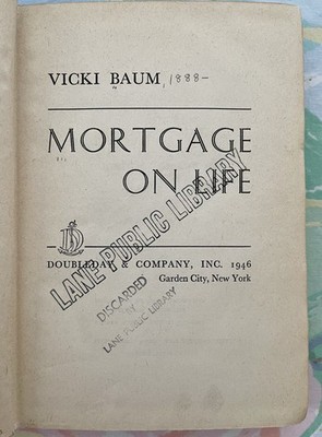 Used Vintage Vicki Baum  Mortgage On Life   Novel 1946 Antique Hardcover