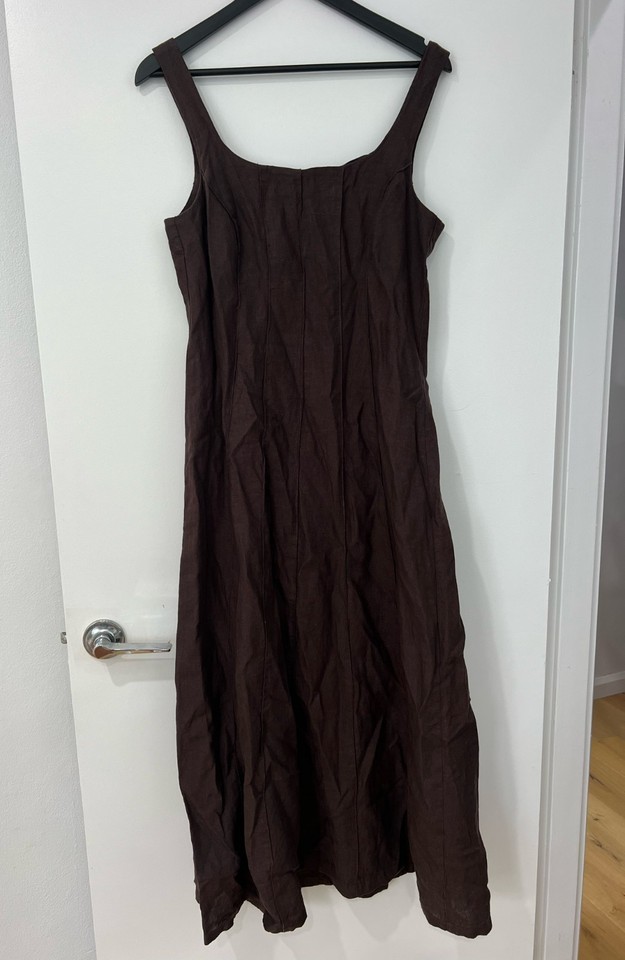 Max Women's Scoop Neck A-Line Sleeveless Linen Maxi Dress Brown Size 12