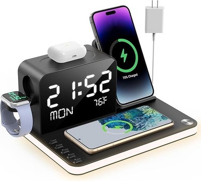 7 in 1 Charging Station with Clock, Wireless Charger with Night Light, Bluetooth